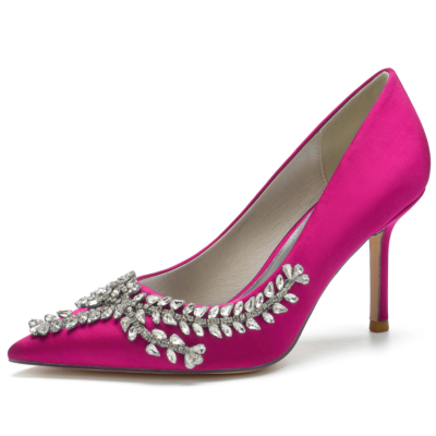 Pink Satin Rhinestone Flowers Stiletto Heel Pumps Wedding Shoes