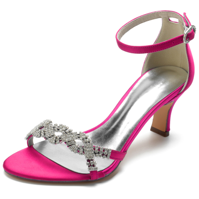 Pink Satin Rhinestone Low Heel Ankle Strap Wedding Sandals
