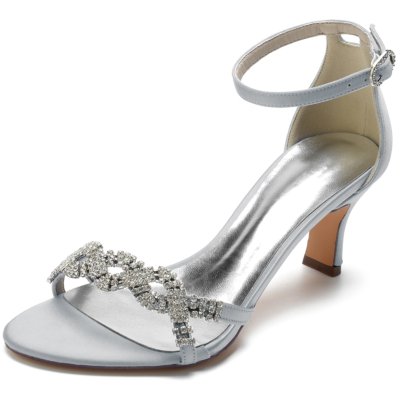 Silver Satin Rhinestone Low Heel Ankle Strap Wedding Sandals