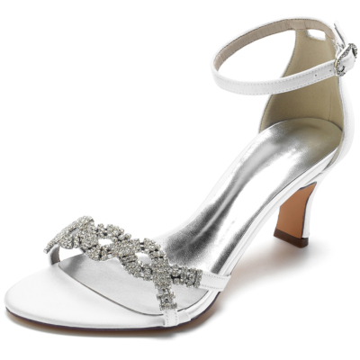 Satin White Rhinestone Low Heel Ankle Strap Wedding Sandals