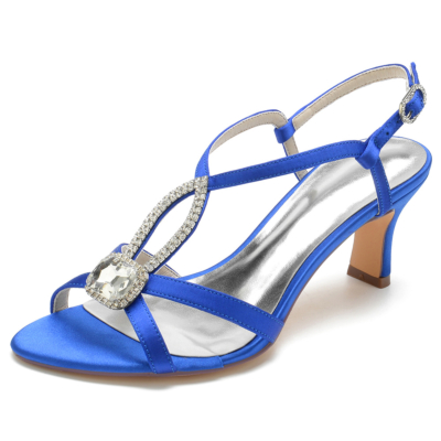 Royal Blue Satin Rhinestone Open Toe Chunky Low Heel Evening Sandals