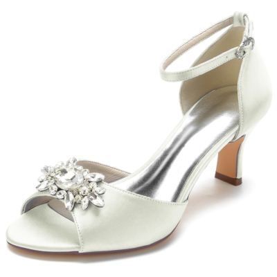 Ivory Satin Rhinestone Peep Toe Spool Heel Ankle Strap Sandals for Party