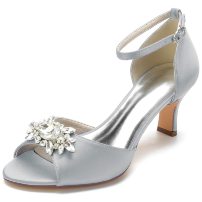 Silver Satin Rhinestone Peep Toe Spool Heel Ankle Strap Sandals for Party