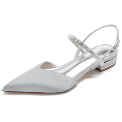 Silver Satin Rhinestone Slingback Pointed Toe Flat Sandals