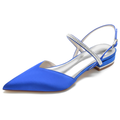 Royal Blue Satin Rhinestone Slingback Pointed Toe Flat Sandals