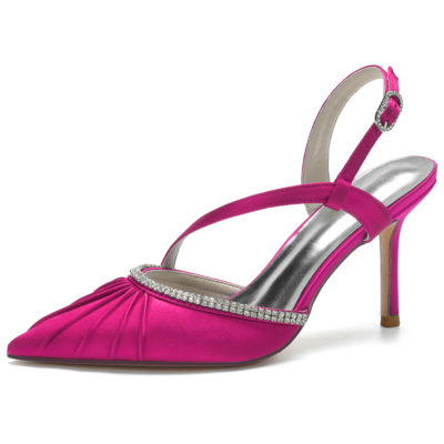 Pink Satin Ruffle Rhinestone Stiletto Heel Slingback Closed Toe Wedding Sandals