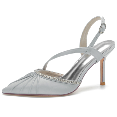Silver Satin Ruffle Rhinestone Stiletto Heel Slingback Closed Toe Wedding Sandals