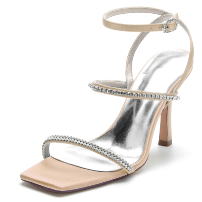 Champange Satin Rhinestone Tri-straps Open Toe Stiletto Heel Party Sandals