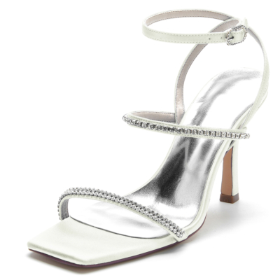Ivory Satin Rhinestone Tri-straps Open Toe Stiletto Heel Party Sandals