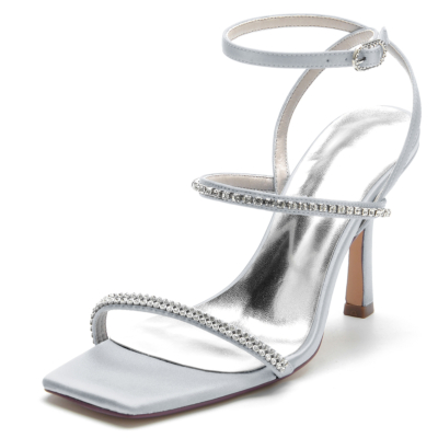 Silver Satin Rhinestone Tri-straps Open Toe Stiletto Heel Party Sandals