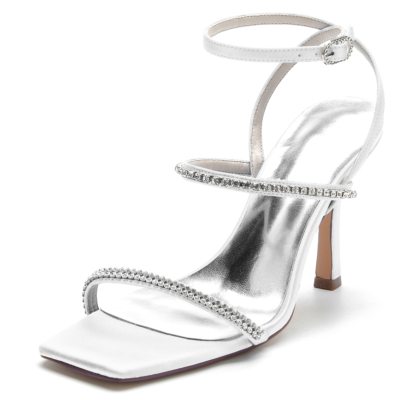 White Satin Rhinestone Tri-straps Open Toe Stiletto Heel Party Sandals