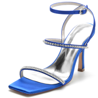 Royal Blue Satin Rhinestone Tri-straps Open Toe Stiletto Heel Party Sandals