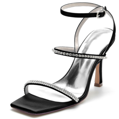 Black Satin Rhinestone Tri-straps Open Toe Stiletto Heel Party Sandals