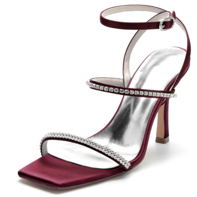 Burgundy Satin Rhinestone Tri-straps Open Toe Stiletto Heel Party Sandals