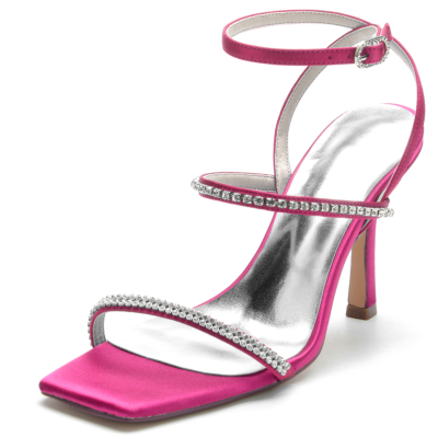 Magenta Satin Rhinestone Tri-straps Open Toe Stiletto Heel Party Sandals