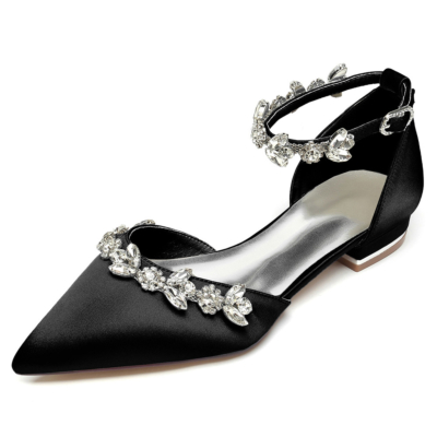 Black Satin Rhinestones Wedding Flats Shoes Bridal D'orsay Shoes
