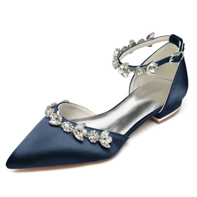 Navy Satin Rhinestones Wedding Flats Shoes Bridal D'orsay Shoes