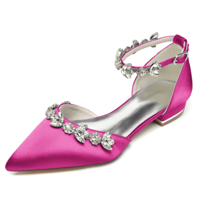 Magenta Satin Rhinestones Wedding Flats Shoes Bridal D'orsay Shoes