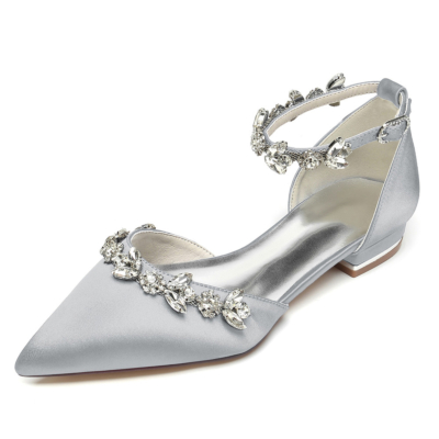 Silver Satin Rhinestones Wedding Flats Shoes Bridal D'orsay Shoes