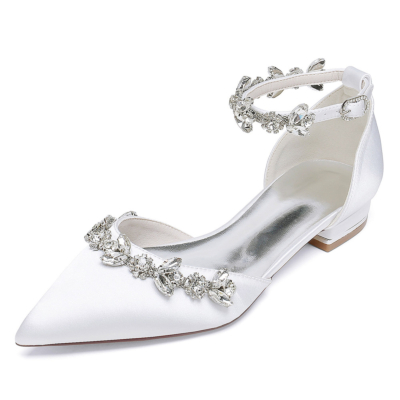 White Satin Rhinestones Wedding Flats Shoes Bridal D'orsay Shoes