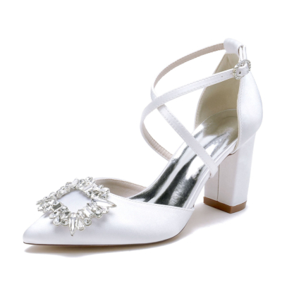 White Satin Rhinstone Buckles Chunky Heel Cross Strap Wedding Shoes
