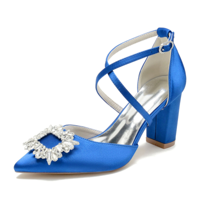 Royal Blue Satin Rhinstone Buckles Chunky Heel Cross Strap Wedding Shoes