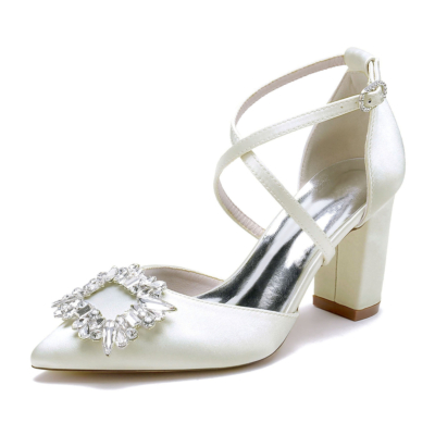 Ivory Satin Rhinstone Buckles Chunky Heel Cross Strap Wedding Shoes