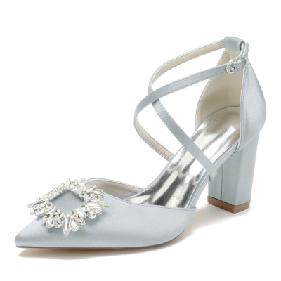 Silver Satin Rhinstone Buckles Chunky Heel Cross Strap Wedding Shoes