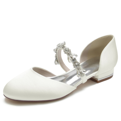 Satin Round Toe D'orsay Flats Ballet Shoes with Rhinestone Straps