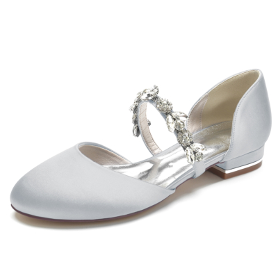 Silver Satin Round Toe Wide Width D'orsay Flats Ballet Shoes with Rhinestone Straps