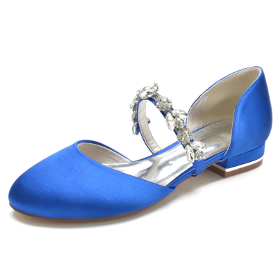 Royal Blue Satin Round Toe D'orsay Flats Ballet Shoes with Rhinestone Straps