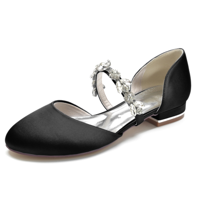 Black Satin Round Toe D'orsay Flats Ballet Shoes with Rhinestone Straps
