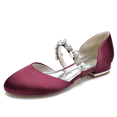 Burgundy Satin Round Toe D'orsay Flats Ballet Shoes with Rhinestone Straps