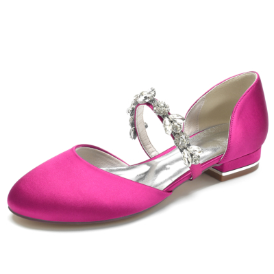 Magenta Satin Round Toe D'orsay Flats Ballet Shoes with Rhinestone Straps