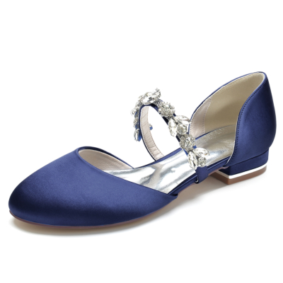 Navy Satin Round Toe D'orsay Flats Ballet Shoes with Rhinestone Straps