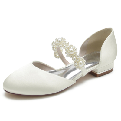 Ivory Satin Round Toe Pearl Strap Mary Jane Flats Wedding Sandals