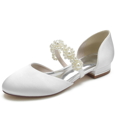 Satin Round Toe Pearl Strap Mary Jane Flats Wedding Sandals