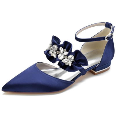 Navy Satin Ruffle Flats with Rhinestones Ankle Strap D'orsay Flat Shoes
