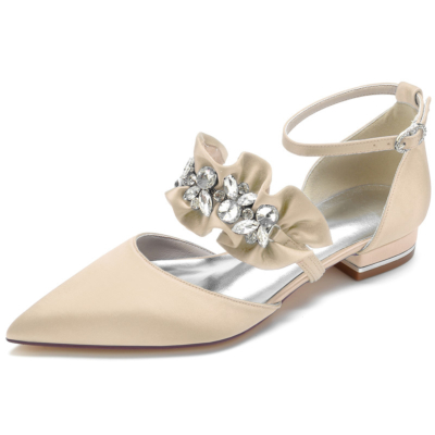Champagne Satin Ruffle Flats with Rhinestones Ankle Strap D'orsay Flat Shoes