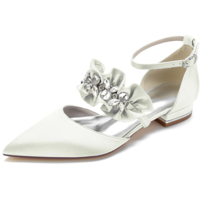 Ivory Satin Ruffle Flats with Rhinestones Ankle Strap D'orsay Flat Shoes