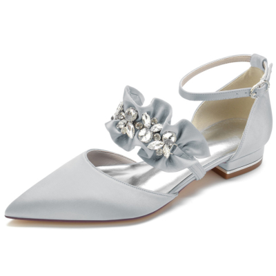 Grey Satin Ruffle Flats with Rhinestones Ankle Strap D'orsay Flat Shoes