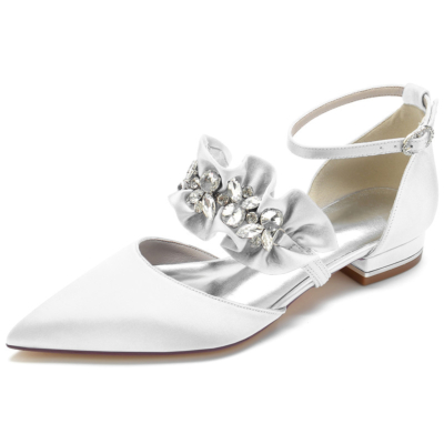 Satin Ruffle Flats with Rhinestones Ankle Strap D'orsay Flat Shoes