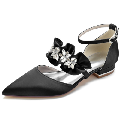 Black Satin Ruffle Flats with Rhinestones Ankle Strap D'orsay Flat Shoes