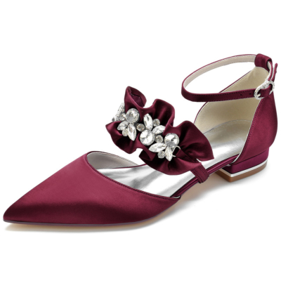 Burgundy Satin Ruffle Flats with Rhinestones Ankle Strap D'orsay Flat Shoes