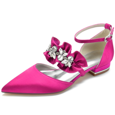 Magenta Satin Ruffle Flats with Rhinestones Ankle Strap D'orsay Flat Shoes