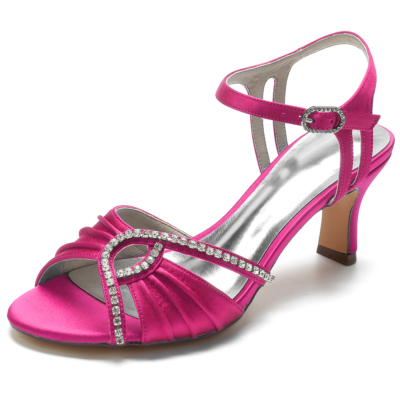 Pink Satin Ruffle Rhinestone Low Heel Wedding Sandals Bride Shoes