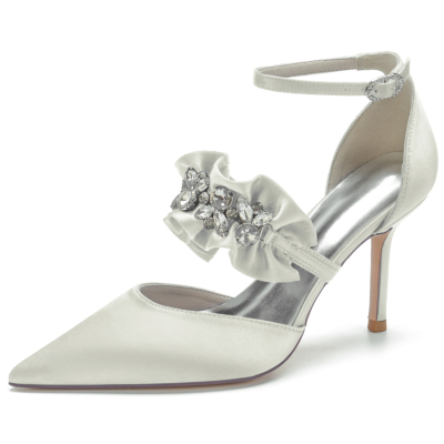 White Satin Ruffle Rhinestone Pointed Toe Stilettos Ankle Strap Heel Wedding Pumps