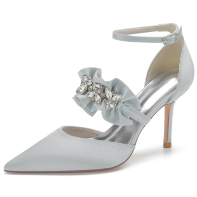Silver Satin Ruffle Rhinestone Pointed Toe Stilettos Ankle Strap Heel Wedding Pumps