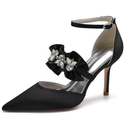 Black Satin Ruffle Rhinestone Pointed Toe Stilettos Ankle Strap Heel Wedding Pumps