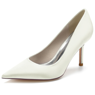 Ivory White Satin Simply Pointed Toe Stiletto Heel Pumps for Women
